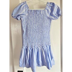 FLAPDOODLES plaid smocked bodice ruffle hem square neck girl dress 5 Blue- white